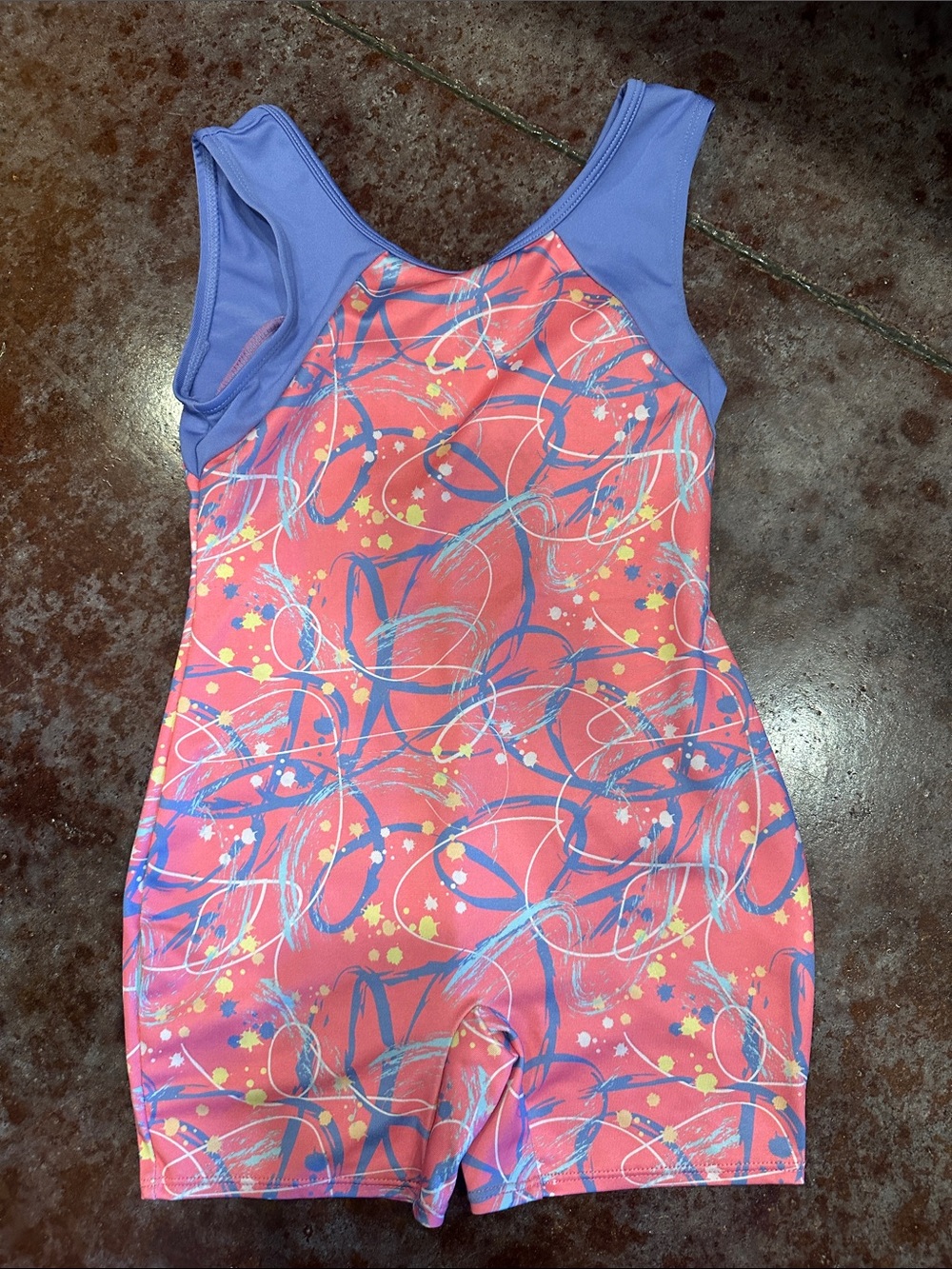 Kids One-Piece gymnastics in Coral Pink Print with Lavender Accents